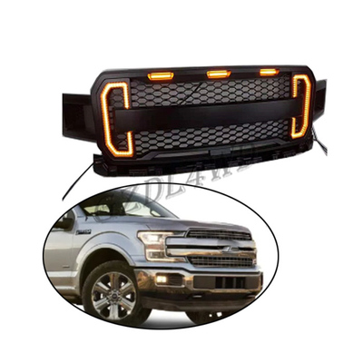 Front Grill Mesh Grille Raptor Style Replacement For Ford F150 2018 2019 2020 With Drl & Turn Signal Lights And 3 Amber